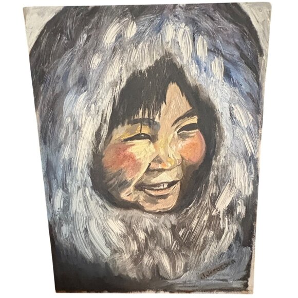 Original Oil Painting Of Inuit Child By J. Jacobsen canvas gray black READ - Picture 1 of 7